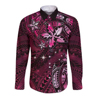 Hawaii Makahiki Season Long Sleeve Button Shirt Floral Tribal Tattoo Pink Galaxy