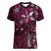 Hawaii Makahiki Season Women V-Neck T-Shirt Floral Tribal Tattoo Pink Galaxy LT05 Female Pink - Polynesian Pride