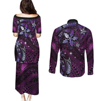 Hawaii Makahiki Season Couples Matching Puletasi and Long Sleeve Button Shirt Floral Tribal Tattoo Purple Galaxy LT05 - Polynesian Pride