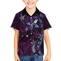 Hawaii Makahiki Season Family Matching Off Shoulder Short Dress and Hawaiian Shirt Floral Tribal Tattoo Purple Galaxy