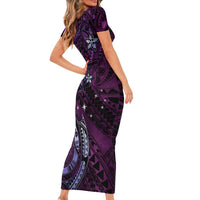 Hawaii Makahiki Season Short Sleeve Bodycon Dress Floral Tribal Tattoo Purple Galaxy LT05 - Polynesian Pride