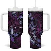 Hawaii Makahiki Season Tumbler With Handle Floral Tribal Tattoo Purple Galaxy