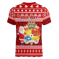 Personalized Tonga Christmas Women V Neck T Shirt Kilisimasi Fiefia Santas Coat Of Arms LT05 - Polynesian Pride