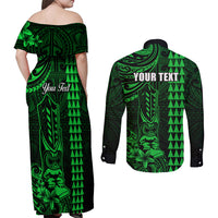 Personalized Hawaii Hauoli Makahiki Hou Couples Matching Off Shoulder Maxi Dress and Long Sleeve Button Shirts Lono Hawaiian God Kakau Polynesian Tribal Green LT05 - Polynesian Pride