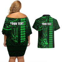 Personalized Hawaii Hauoli Makahiki Hou Couples Matching Off Shoulder Short Dress and Hawaiian Shirt Lono Hawaiian God Kakau Polynesian Tribal Green LT05 - Polynesian Pride