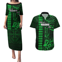 Personalized Hawaii Hauoli Makahiki Hou Couples Matching Puletasi Dress and Hawaiian Shirt Lono Hawaiian God Kakau Polynesian Tribal Green LT05 Green - Polynesian Pride