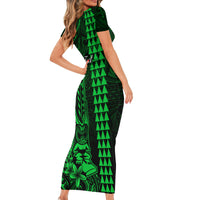 Personalized Hawaii Hauoli Makahiki Hou Short Sleeve Bodycon Dress Lono Hawaiian God Kakau Polynesian Tribal Green LT05 - Polynesian Pride