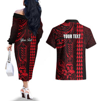 Personalized Hawaii Hauoli Makahiki Hou Couples Matching Off The Shoulder Long Sleeve Dress and Hawaiian Shirt Lono Hawaiian God Kakau Polynesian Tribal Red LT05 - Polynesian Pride
