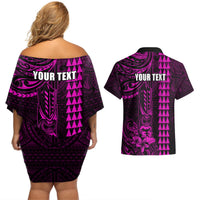 Personalized Hawaii Hauoli Makahiki Hou Couples Matching Off Shoulder Short Dress and Hawaiian Shirt Lono Hawaiian God Kakau Polynesian Tribal Pink LT05 - Polynesian Pride