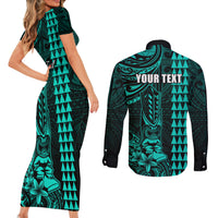 Personalized Hawaii Hauoli Makahiki Hou Couples Matching Short Sleeve Bodycon Dress and Long Sleeve Button Shirts Lono Hawaiian God Kakau Polynesian Tribal Turquoise LT05 - Polynesian Pride