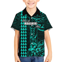 Personalized Hawaii Hauoli Makahiki Hou Family Matching Off Shoulder Maxi Dress and Hawaiian Shirt Lono Hawaiian God Kakau Polynesian Tribal Turquoise LT05 Son's Shirt Turquoise - Polynesian Pride