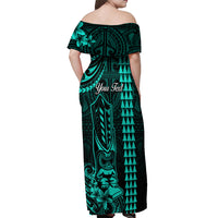 Personalized Hawaii Hauoli Makahiki Hou Off Shoulder Maxi Dress Lono Hawaiian God Kakau Polynesian Tribal Turquoise LT05 - Polynesian Pride