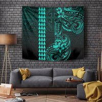 Hawaii Hauoli Makahiki Hou Tapestry Lono Hawaiian God Kakau Polynesian Tribal Turquoise LT05 Turquoise - Polynesian Pride