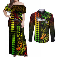 Personalized Hawaii Hauoli Makahiki Hou Couples Matching Off Shoulder Maxi Dress and Long Sleeve Button Shirts Lono Hawaiian God Kakau Polynesian Tribal Reggae LT05 Reggae - Polynesian Pride