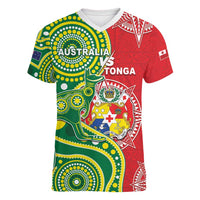 Custom Tonga Australia Rugby Women V-Neck T-Shirt Kangaroos And Tonga Mate Maa Together LT05 Female Green - Polynesian Pride