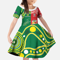 Custom Tonga XIII And Australia Kangaroos Family Matching Long Sleeve Bodycon Dress and Hawaiian Shirt Mate Maa Tongan Ngatu With Aboriginal LT05 Daughter's Dress Red - Polynesian Pride