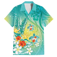 Hawaii Honu Family Matching Off The Shoulder Long Sleeve Dress and Hawaiian Shirt Tropical Flowers Turquoise Gradient
