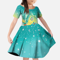 Hawaii Honu Family Matching Short Sleeve Bodycon Dress and Hawaiian Shirt Tropical Flowers Turquoise Gradient