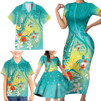 Hawaii Honu Family Matching Short Sleeve Bodycon Dress and Hawaiian Shirt Tropical Flowers Turquoise Gradient