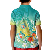 Hawaii Honu Kid Polo Shirt Tropical Flowers Turquoise Gradient