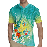 Hawaii Honu Rugby Jersey Tropical Flowers Turquoise Gradient