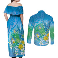 Hawaii Honu Couples Matching Off Shoulder Maxi Dress and Long Sleeve Button Shirt Tropical Flowers Blue Gradient
