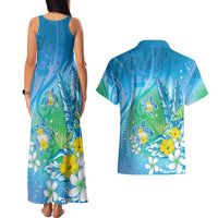 Hawaii Honu Couples Matching Tank Maxi Dress and Hawaiian Shirt Tropical Flowers Blue Gradient