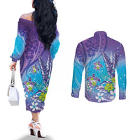 Hawaii Honu Couples Matching Off The Shoulder Long Sleeve Dress and Long Sleeve Button Shirt Tropical Flowers Purple Gradient