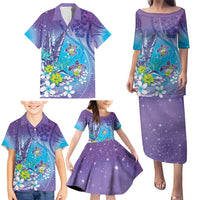 Hawaii Honu Family Matching Puletasi and Hawaiian Shirt Tropical Flowers Purple Gradient