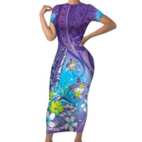 Hawaii Honu Family Matching Short Sleeve Bodycon Dress and Hawaiian Shirt Tropical Flowers Purple Gradient