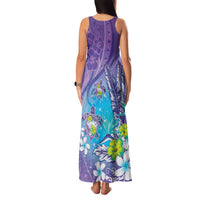 Hawaii Honu Family Matching Tank Maxi Dress and Hawaiian Shirt Tropical Flowers Purple Gradient