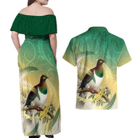 New Zealand Pigeon Kereru Couples Matching Off Shoulder Maxi Dress and Hawaiian Shirt Maori Fern Art Green Gradient LT05 - Polynesian Pride