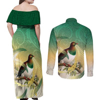 New Zealand Pigeon Kereru Couples Matching Off Shoulder Maxi Dress and Long Sleeve Button Shirt Maori Fern Art Green Gradient LT05 - Polynesian Pride