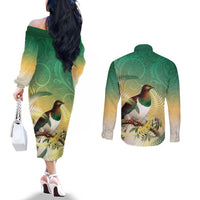 New Zealand Pigeon Kereru Couples Matching Off The Shoulder Long Sleeve Dress and Long Sleeve Button Shirt Maori Fern Art Green Gradient LT05 - Polynesian Pride