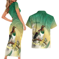 New Zealand Pigeon Kereru Couples Matching Short Sleeve Bodycon Dress and Hawaiian Shirt Maori Fern Art Green Gradient LT05 - Polynesian Pride