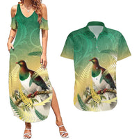 New Zealand Pigeon Kereru Couples Matching Summer Maxi Dress and Hawaiian Shirt Maori Fern Art Green Gradient LT05 Green - Polynesian Pride