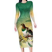 New Zealand Pigeon Kereru Family Matching Long Sleeve Bodycon Dress and Hawaiian Shirt Maori Fern Art Green Gradient LT05 Mom's Dress Green - Polynesian Pride