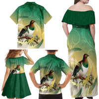 New Zealand Pigeon Kereru Family Matching Off Shoulder Maxi Dress and Hawaiian Shirt Maori Fern Art Green Gradient LT05 - Polynesian Pride