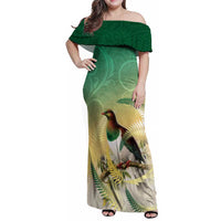 New Zealand Pigeon Kereru Family Matching Off Shoulder Maxi Dress and Hawaiian Shirt Maori Fern Art Green Gradient LT05 Mom's Dress Green - Polynesian Pride
