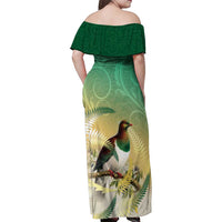 New Zealand Pigeon Kereru Family Matching Off Shoulder Maxi Dress and Hawaiian Shirt Maori Fern Art Green Gradient LT05 - Polynesian Pride