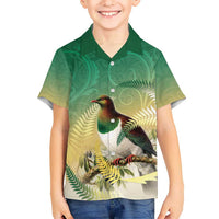 New Zealand Pigeon Kereru Family Matching Off Shoulder Maxi Dress and Hawaiian Shirt Maori Fern Art Green Gradient LT05 Son's Shirt Green - Polynesian Pride
