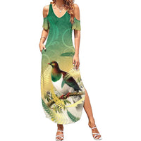 New Zealand Pigeon Kereru Family Matching Summer Maxi Dress and Hawaiian Shirt Maori Fern Art Green Gradient LT05 Mom's Dress Green - Polynesian Pride