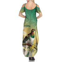 New Zealand Pigeon Kereru Family Matching Summer Maxi Dress and Hawaiian Shirt Maori Fern Art Green Gradient LT05 - Polynesian Pride