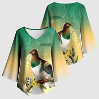 New Zealand Pigeon Kereru Kimono Sleeve Blouse Maori Fern Art Green Gradient - Polynesian Pride