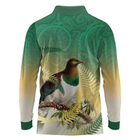 New Zealand Pigeon Kereru Long Sleeve Polo Shirt Maori Fern Art Green Gradient LT05 - Polynesian Pride