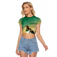 New Zealand Pigeon Kereru Raglan Cropped T Shirt Maori Fern Art Green Gradient LT05 Female Green - Polynesian Pride