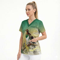 New Zealand Pigeon Kereru Scrub Top Maori Fern Art Green Gradient - Polynesian Pride
