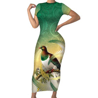 New Zealand Pigeon Kereru Short Sleeve Bodycon Dress Maori Fern Art Green Gradient LT05 Long Dress Green - Polynesian Pride