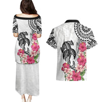 White Polynesian Hammerhead Shark Tribal Pattern Couples Matching Puletasi and Hawaiian Shirt