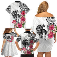 White Polynesian Hammerhead Shark Tribal Pattern Family Matching Off Shoulder Short Dress and Hawaiian Shirt